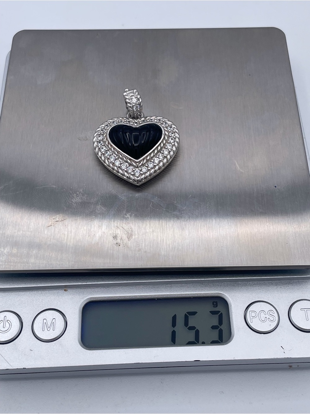 Judith Ripka Sterling Silver 925 Carved Black Onyx Heart CZ Pendant Thailand 15g - Picture 7 of 8